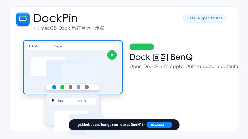 Project illustration of the native Dock on an upper display above a MacBook; not an app screenshot.