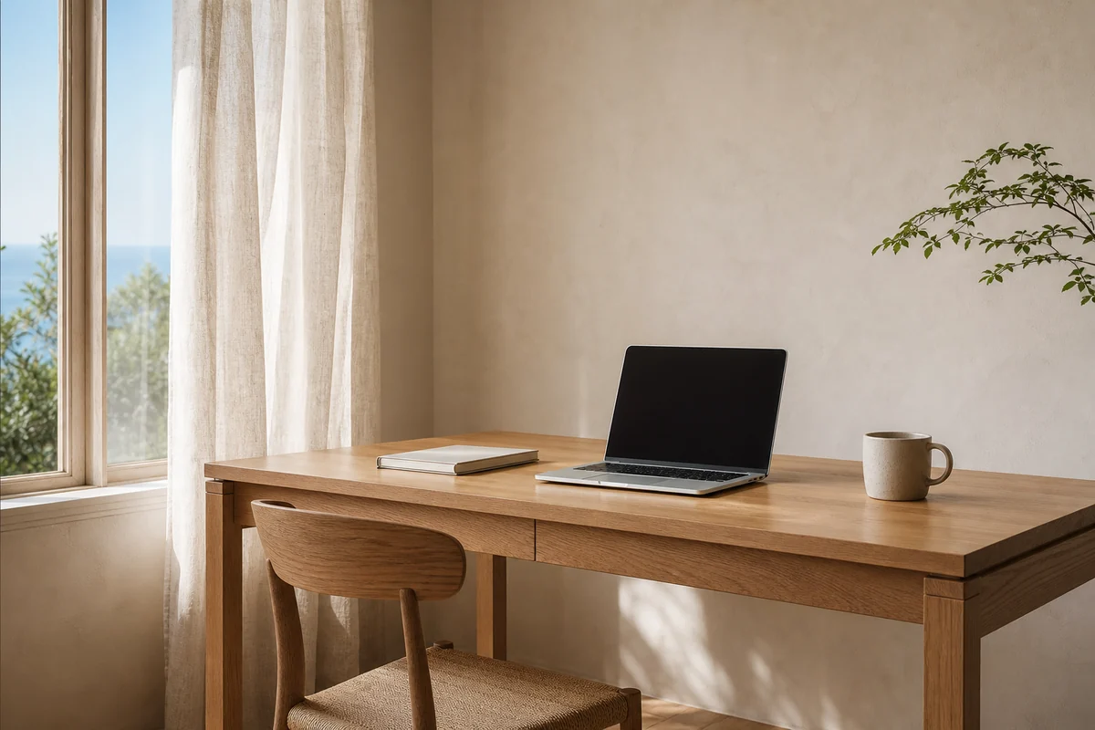 A quiet daylight workspace with a laptop, notebook and room to work