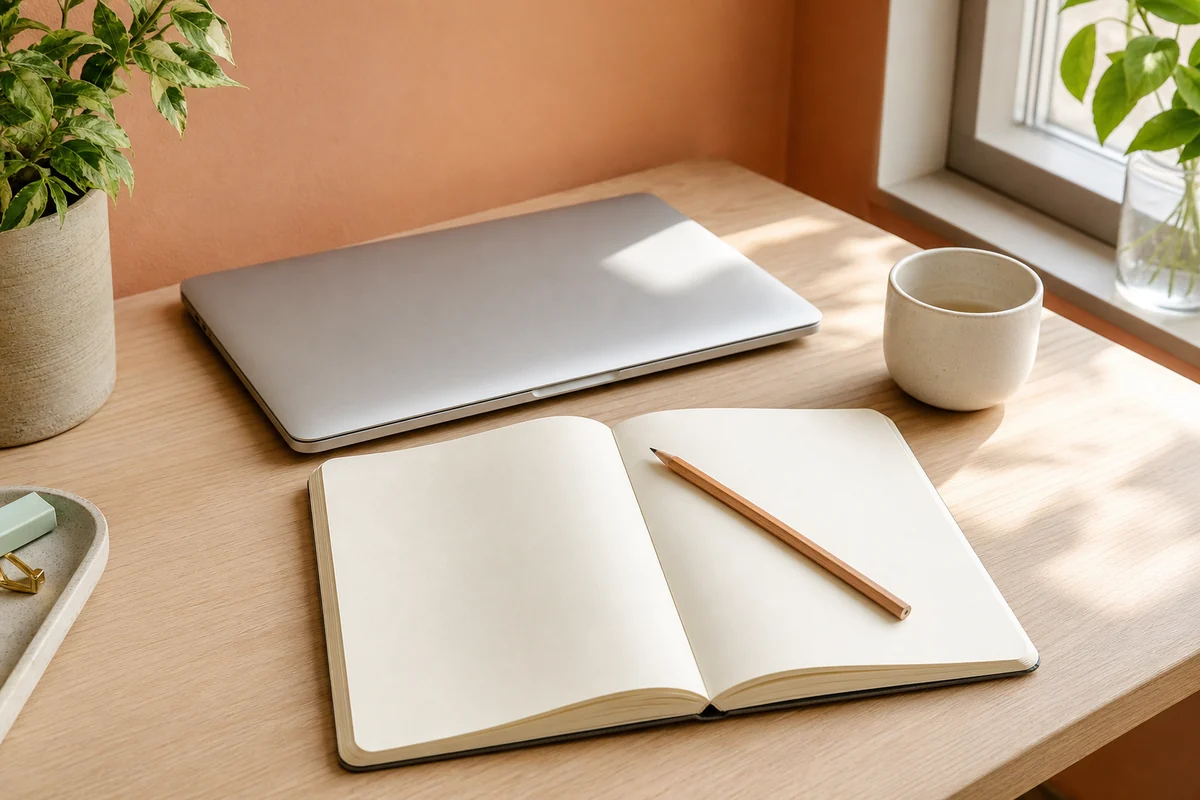 An open notebook beside a laptop in morning light