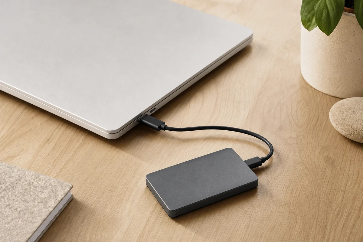 An external disk connected to a laptop with a USB-C cable