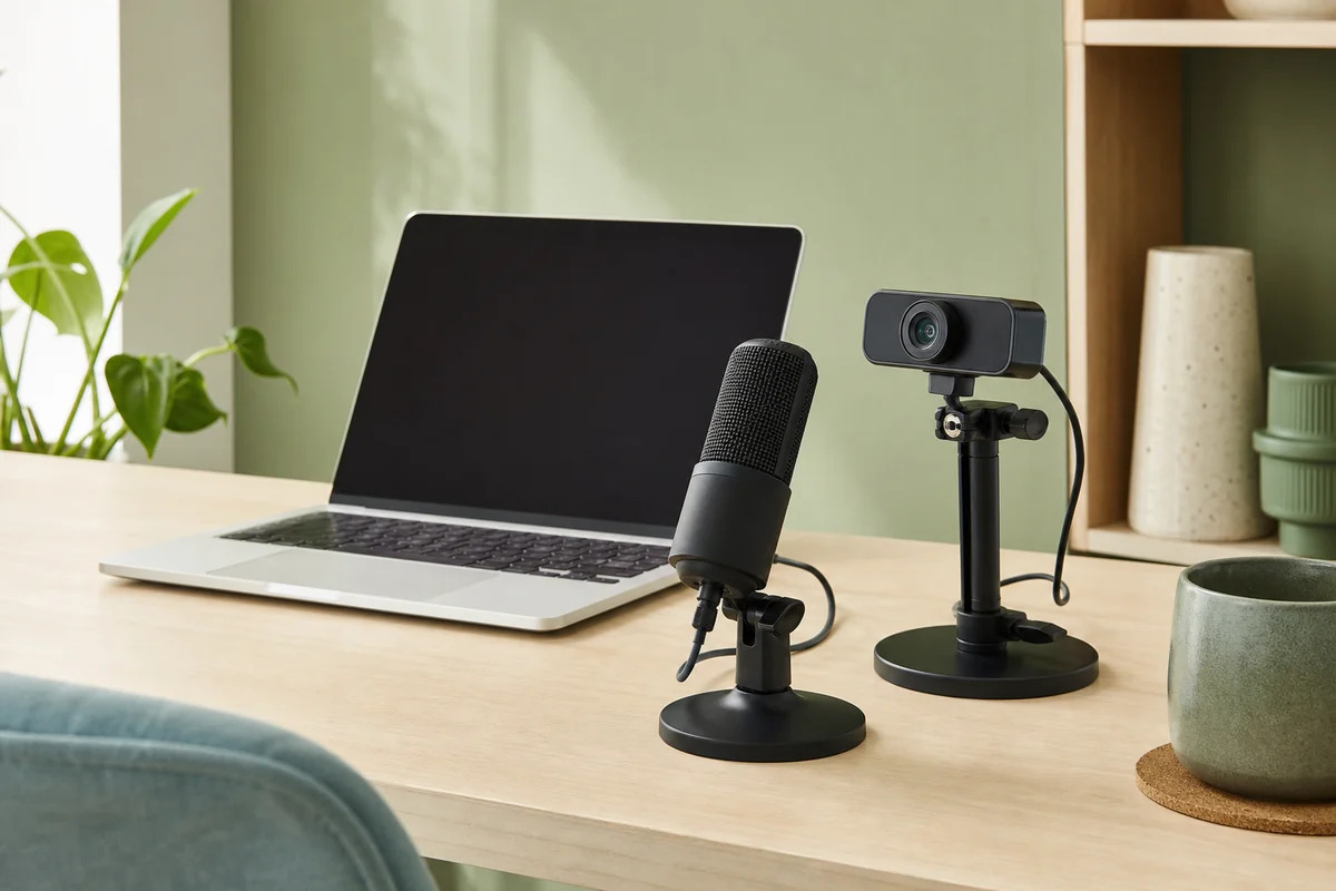 A webcam and microphone ready for a camera recording